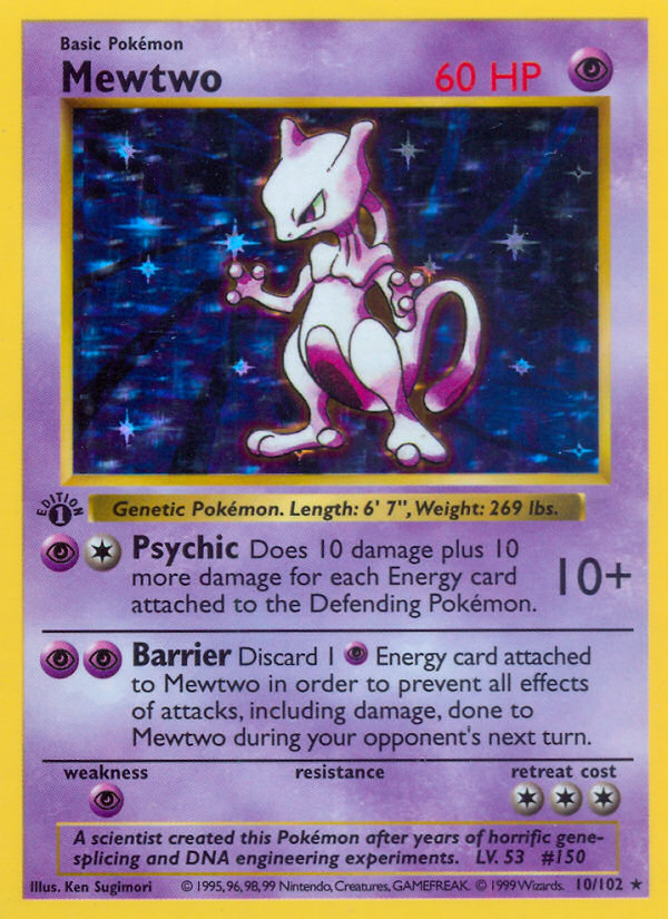 Original Pokémon Base Set Mewtwo holographic card
